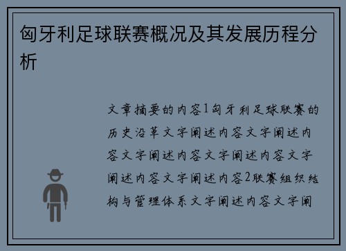 匈牙利足球联赛概况及其发展历程分析