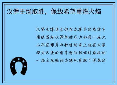 汉堡主场取胜，保级希望重燃火焰