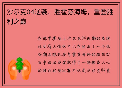 沙尔克04逆袭，胜霍芬海姆，重登胜利之巅