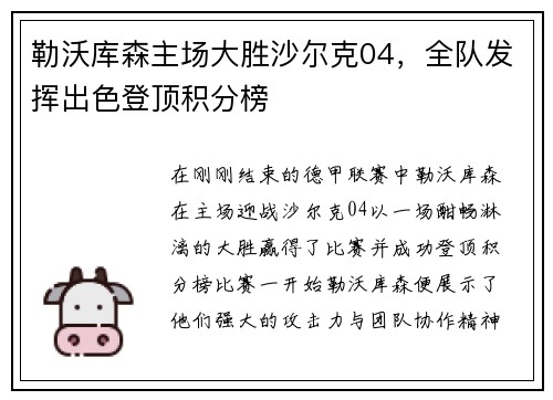 勒沃库森主场大胜沙尔克04，全队发挥出色登顶积分榜